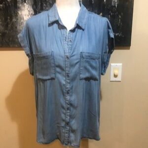 Becool Short Cuffed Sleeved Metal Button Front with Chest Pockets Top-L